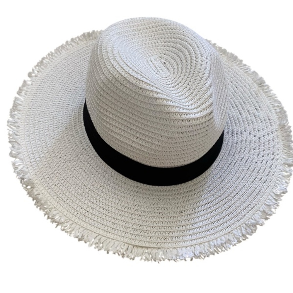 Primark New White Straw Hat with Black Band, adjustable string inside
